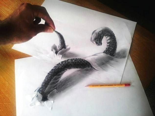 optical illusion drawn in pencil torn paper artist real hand in picture