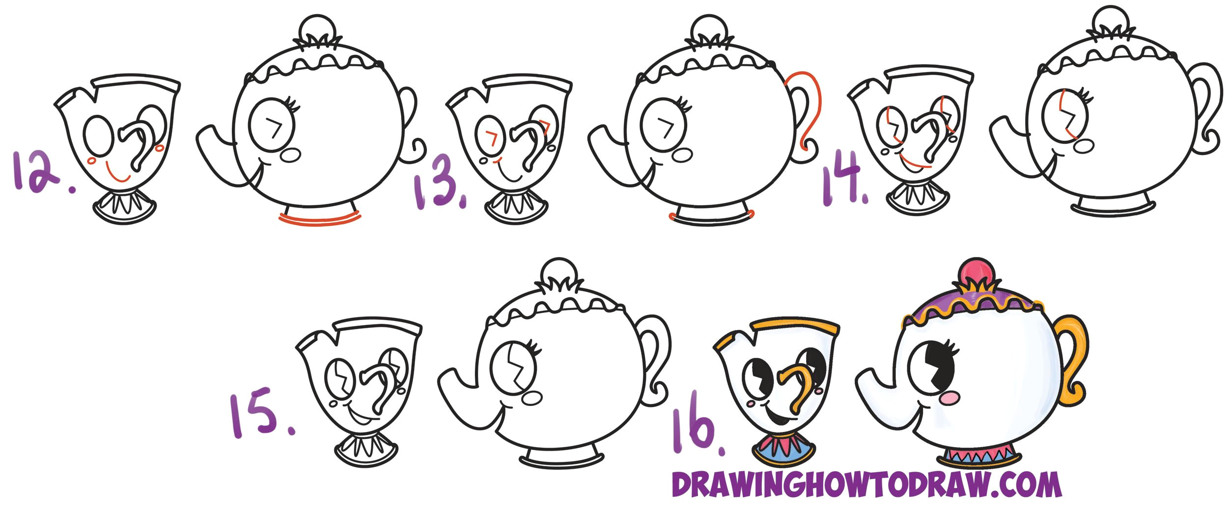 learn how to draw cute kawaii chibi mrs potts and chip from beauty and the beast simple steps drawing lesson for children and beginners