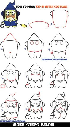 how to draw a kid in a halloween witch costume cute kawaii easy step by step drawing tutorial for kids
