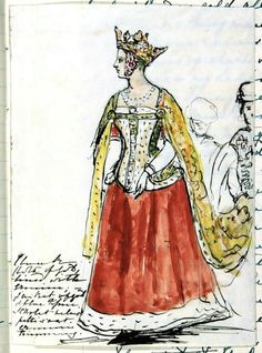 queen victoria in bal costume outfit as queen philippa pen and ink sketch with watercolor
