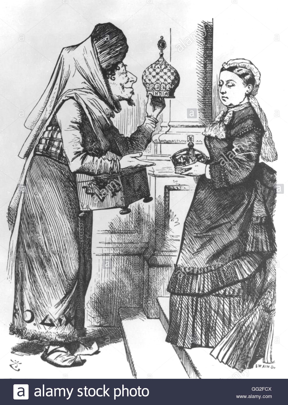 tenniel disraeli giving the crown of india to queen victoria cartoon in punch