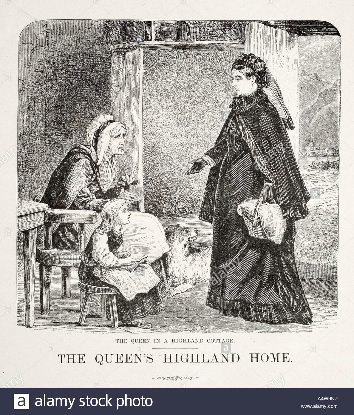 queen victoria visit highland cottage commoner sat work talk stand royal monarch child bonnet dog servant