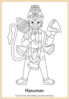 here s a simple outline colouring page of the monkey king hanuman who helps rama defeat the wicked ravana and rescue sita in the story of diwali