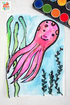 octopus watercolour glue resist art