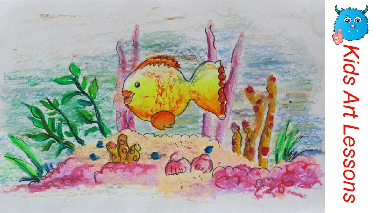 easy scenery drawing how to draw under water fish swimming step by step in oil pastel