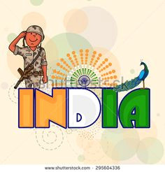 national tricolor text india with peacock and young saluting soldier on ashoka wheel decorated background for indian independence day celebration
