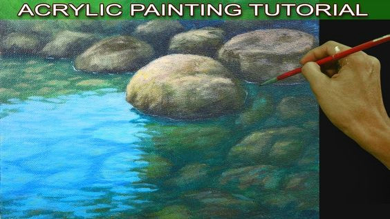 how to paint shallow river with reflections and underwater rocks in acrylic painting tutorial youtube