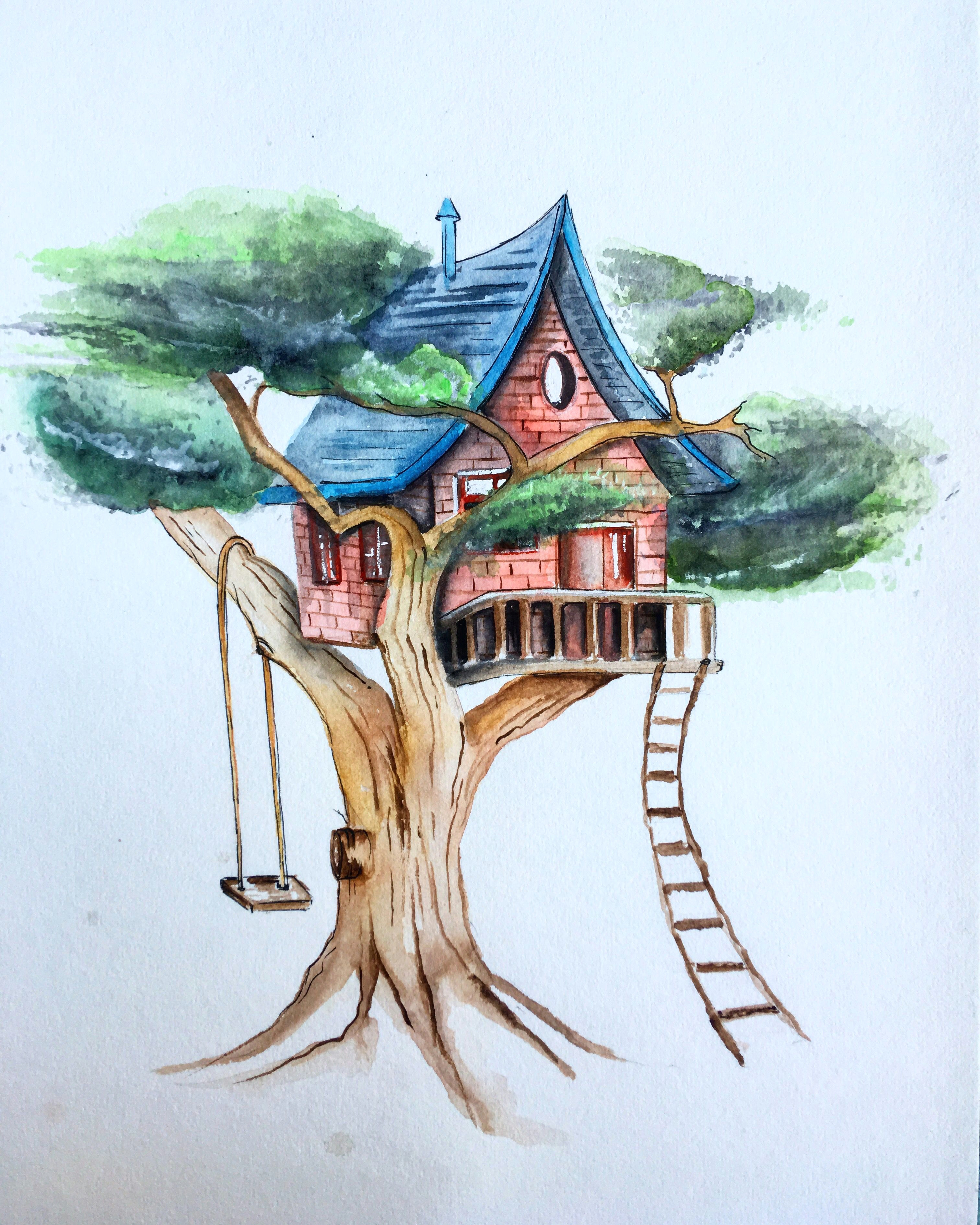 artwork treehouse watercolour painting drawing sketching