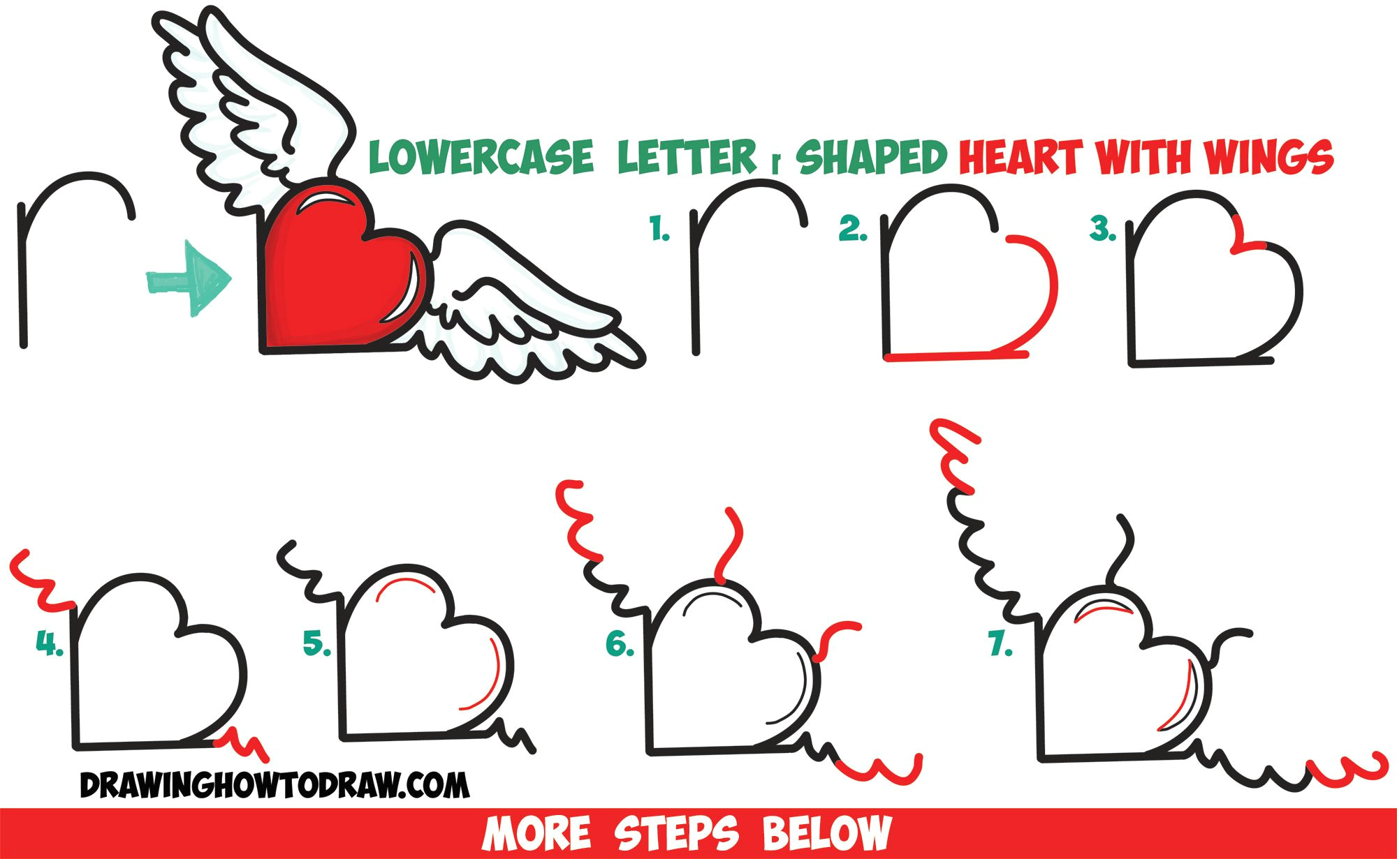 how to draw heart with wings from lowercase letter r shapes easy step by step