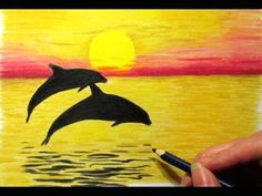 landscape in colored pencil sunset and 2 dolphins drawing nature scenery sky sea easy pencil drawingspencil artoil pastel
