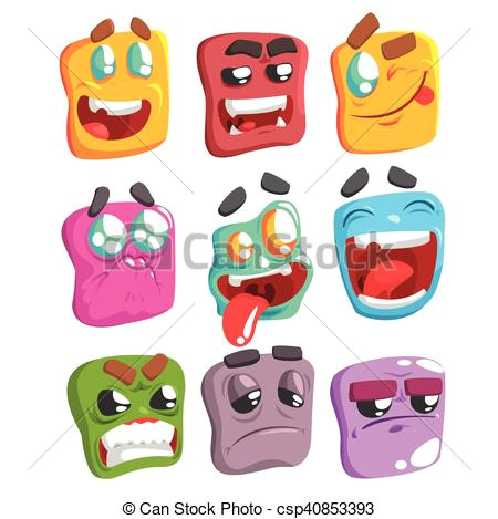 square face colorful emoji set od isolated icons on white background cartoon simple style vector emoticon collection of expressions