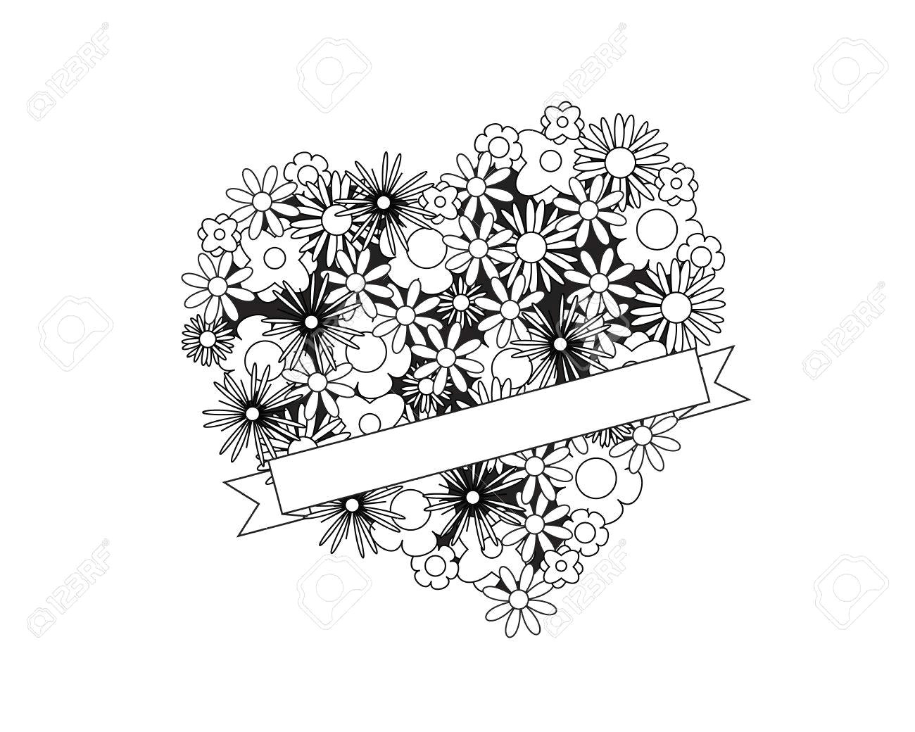 coloring page for adult od kids simple floral heart with ribbon place for your