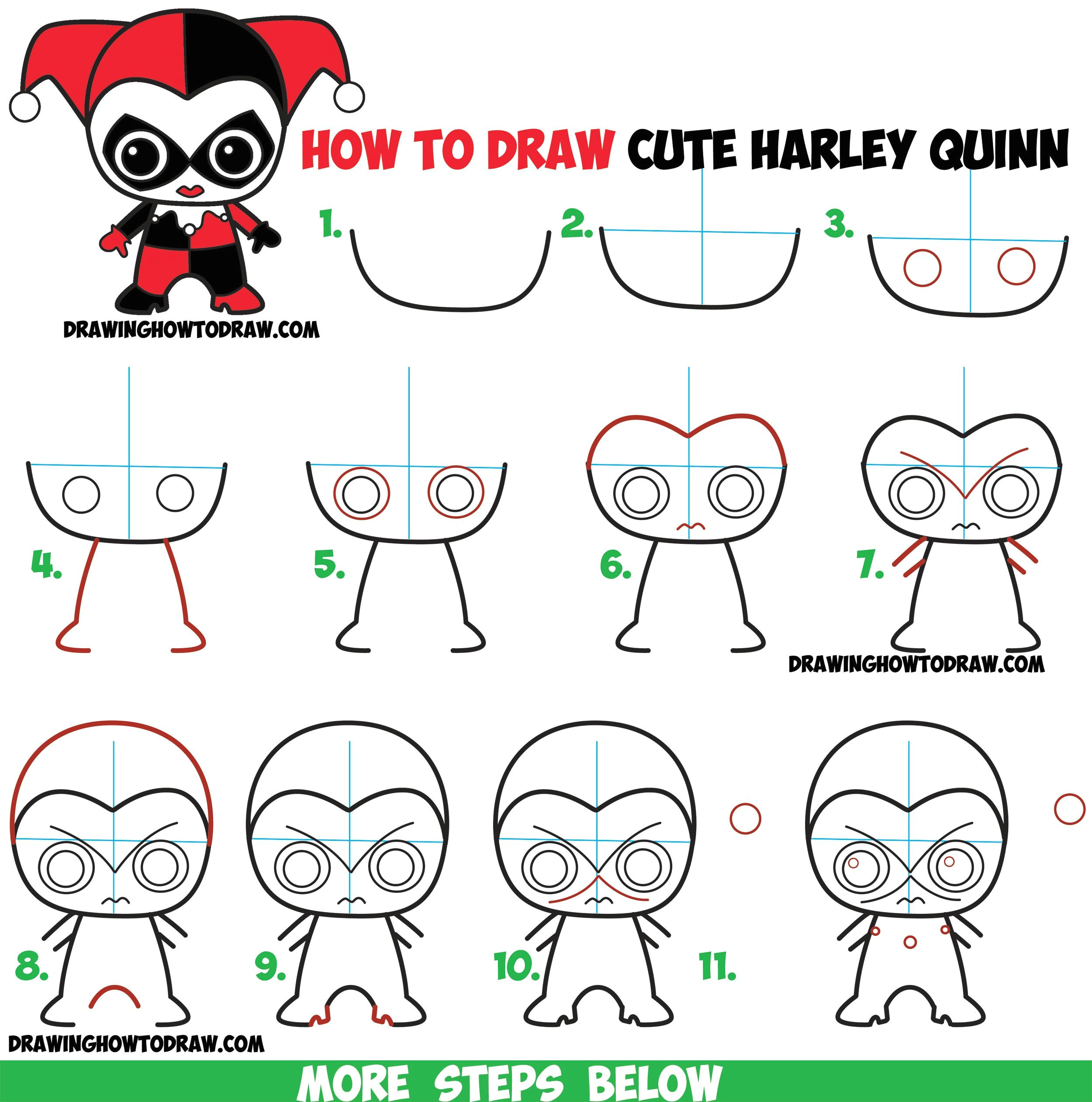 how to draw cute chibi harley quinn from dc comics in easy step by step drawing