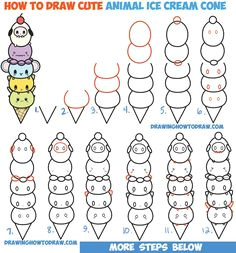 how to draw cute kawaii animals stacked in ice cream cone easy step by step drawing tutorial for kids