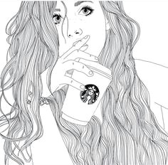 art black white drawing girl outlines starbucks image