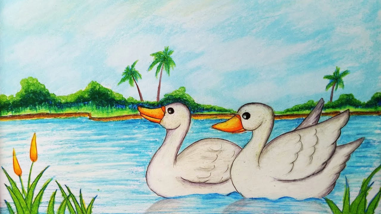 how to draw easy scenery with duck step by step easy draw