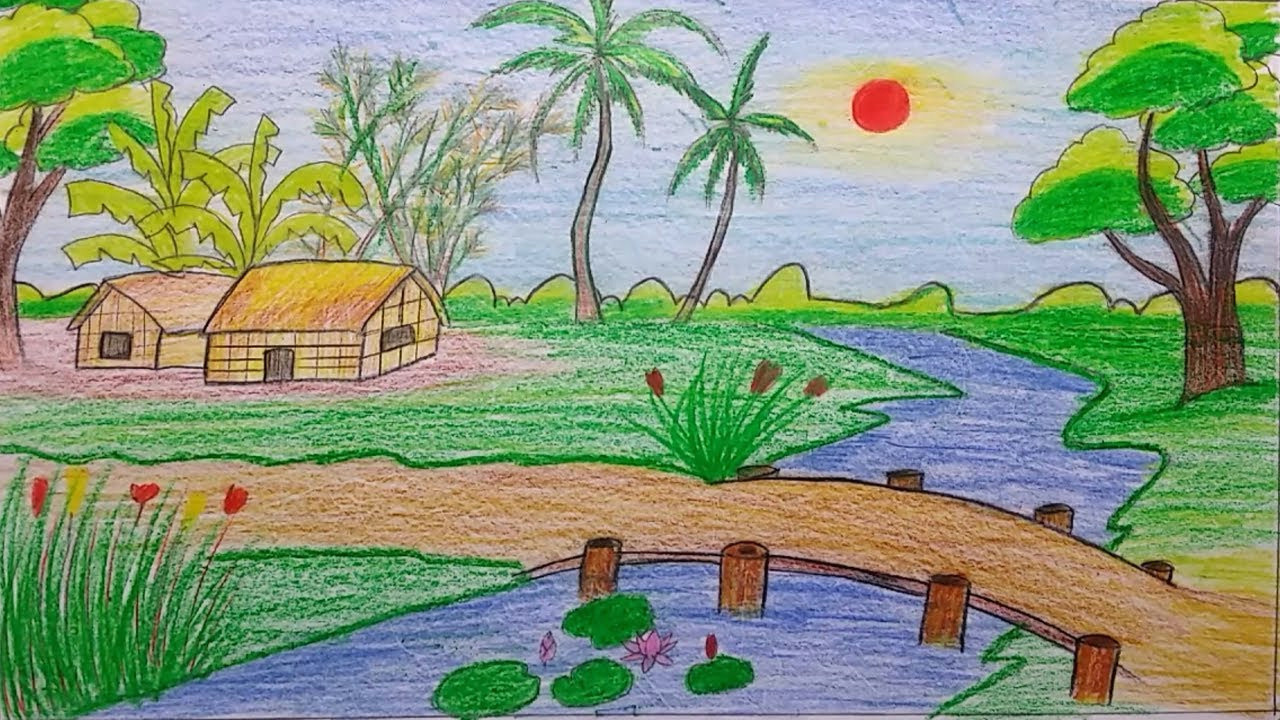 1280x720 beautiful village nature sketch nature scene for drawing natural nature sketch for kids