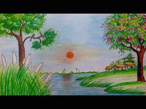 how to draw spring season scenery step by step with oil pastel drawing pencils youtube