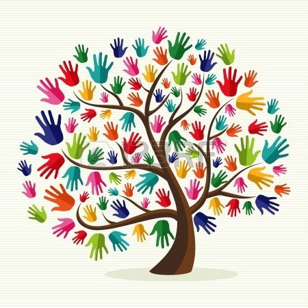 diversity multi ethnic hand tree illustration over stripe pattern background file layered for easy manipulation and custom coloring