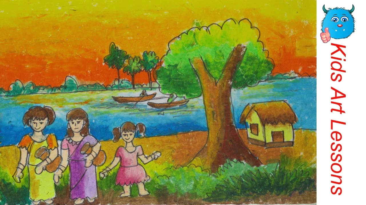 easy scenery drawing how to draw village women with water pot step by step in oil pastel
