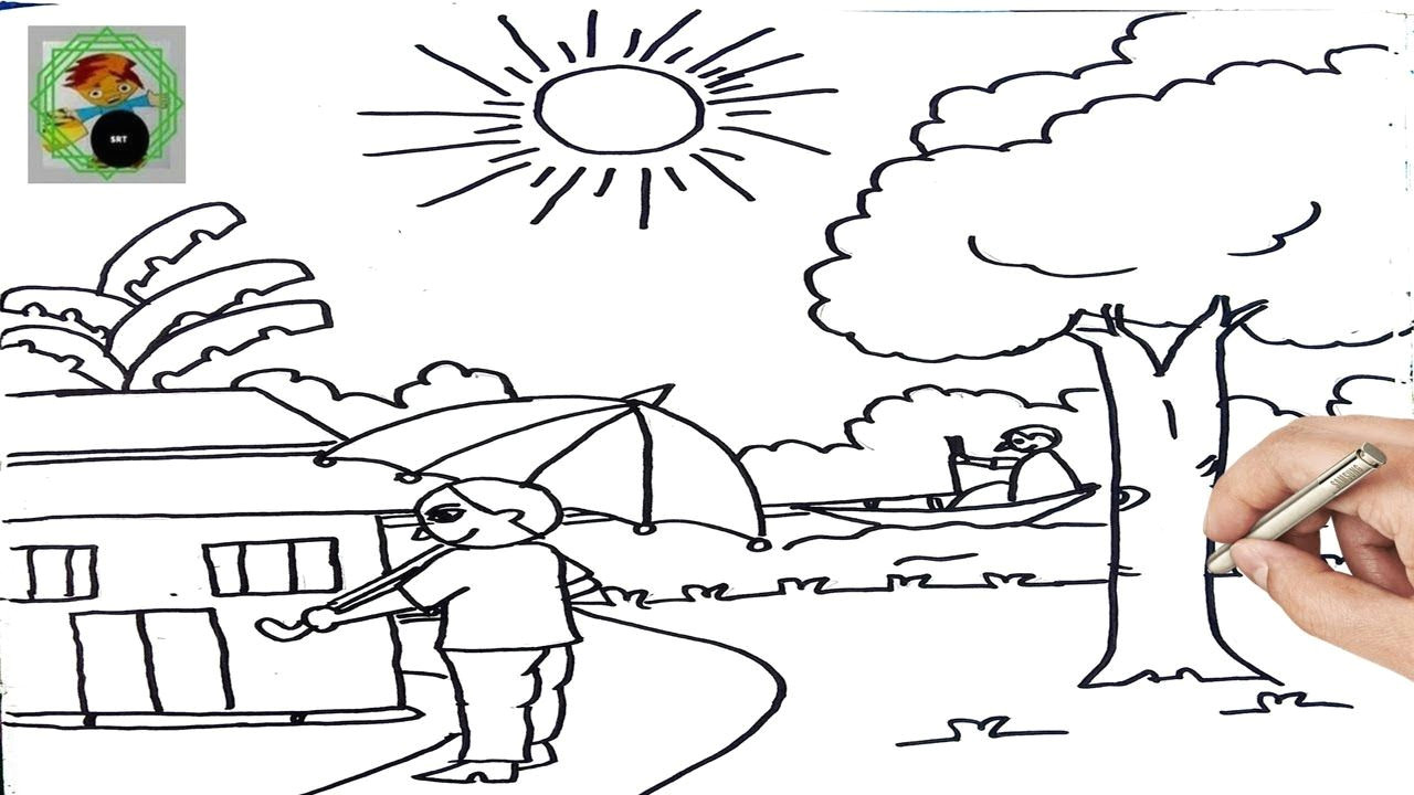 how to draw scenery of summer season step by step very easy drawing for