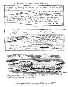 this free printable how to draw worksheet will help give a young artist confidence in drawing a simple ocean wave crashing on the beach