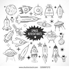 collection of sketchy space objects isolated on white background space ships rockets space shuttle planets flying saucers astronauts etc