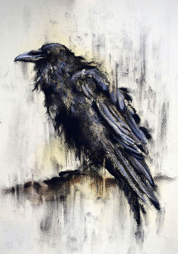 original charcoal drawing crow on a branch black and white art 12x8