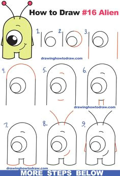 how to draw cute cartoon alien from numbers 16 easy step by step drawing