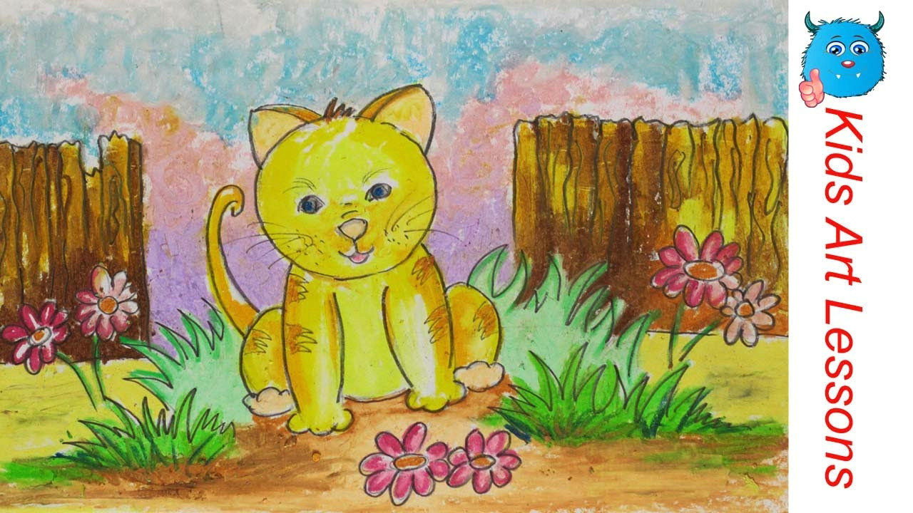 easy scenery drawing how to draw a cat in the garden step by step in oil pastel