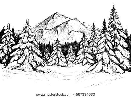 winter forest sketch black and white vector illustration of snowy firs and mountain peak hand drawn winter scene line art realistic drawing