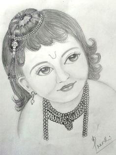 a pencil sketch of little krishna