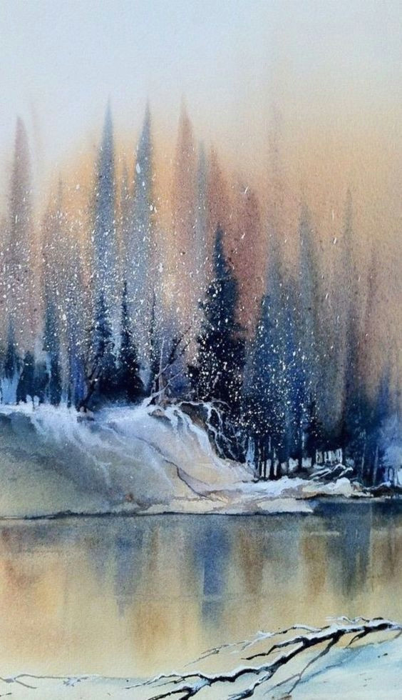 winter forest on the lake painting easy watercolor painting ideas for beginners