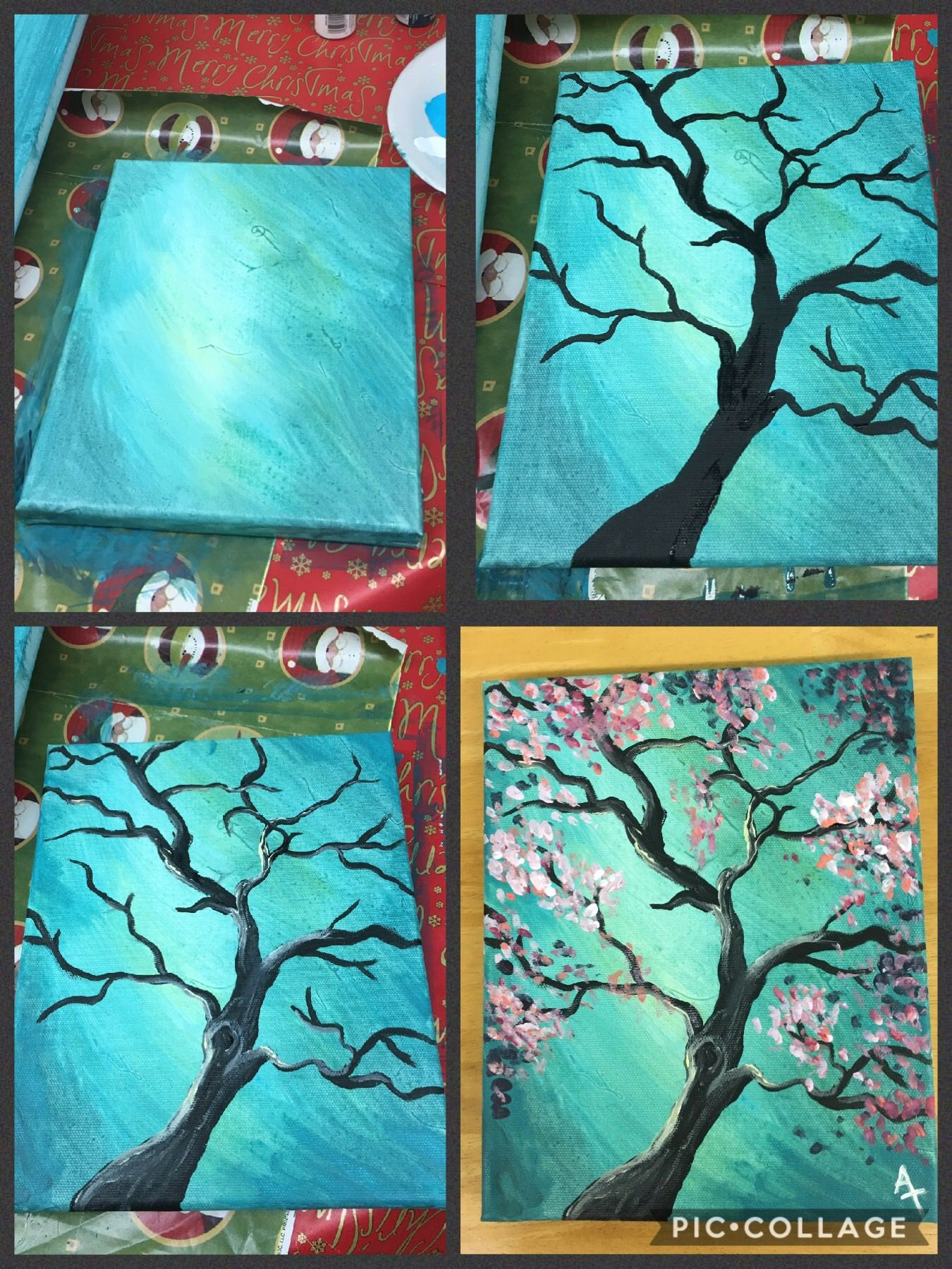 step by step pink flowering tree painting with pretty teal blue background