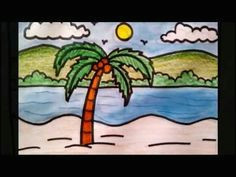 how to draw coconut tree beach scenery drawing for kids