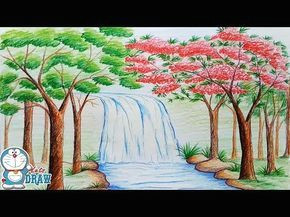 how to draw scenery of stream waterfall step by step youtube