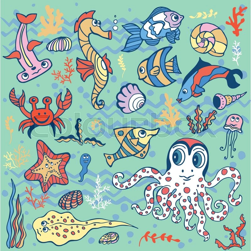 fish octopus crab seahorse with coral seaweed and shell funny cartoon doodle underwater world baby hand drawing vector summer travel vector
