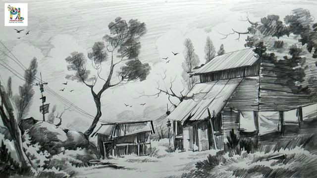 how to sketch and shade a landscape art with easy pencil strokes