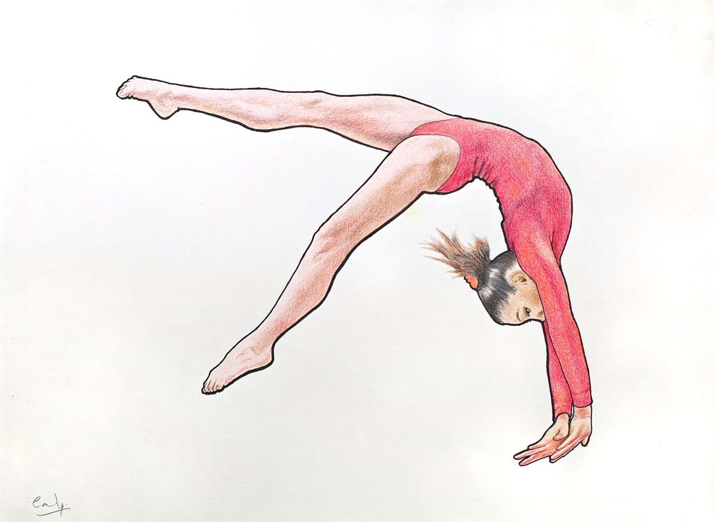 drawing gymnast coloured pencils graphite ink 38 x 28 cms