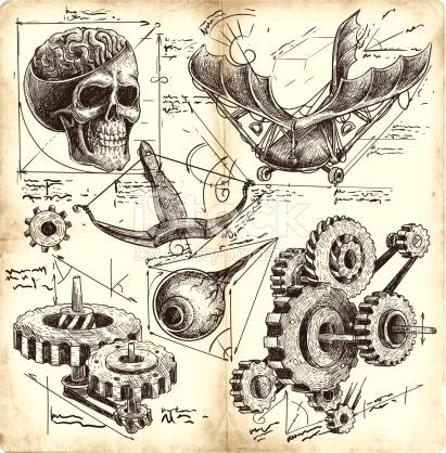 antique engineering drawings in leonardo da vinci style