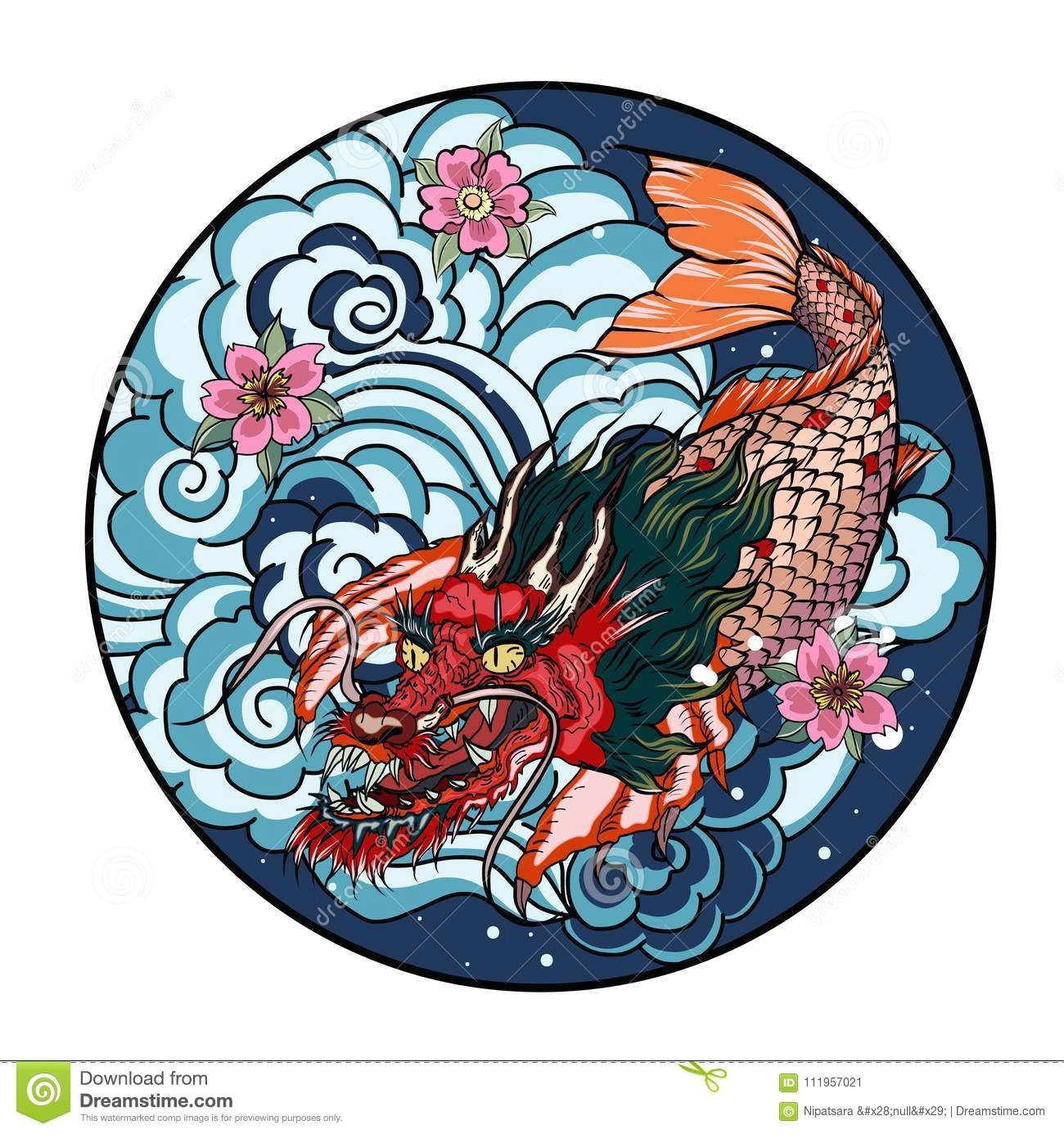 tattoo design koi dragon with cherry blossom and wave in circle koi fish in water circle with sakura flower japanese dragon carp line drawing coloring book