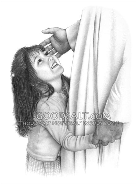 a little girl gives jesus a hug and holds his hand