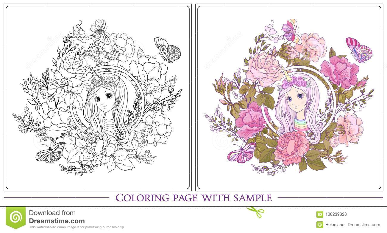 young nice girl with long hear in unicorn horn hat the garden of roses outline drawing coloring page with colored sample coloring book for adult