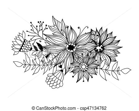doodle bouquet od flowers and leaves on white background template design for invitations cards and more