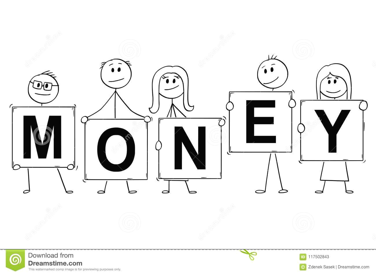 cartoon stick man drawing conceptual illustration of businessmen and businesswomen holding signs with money text