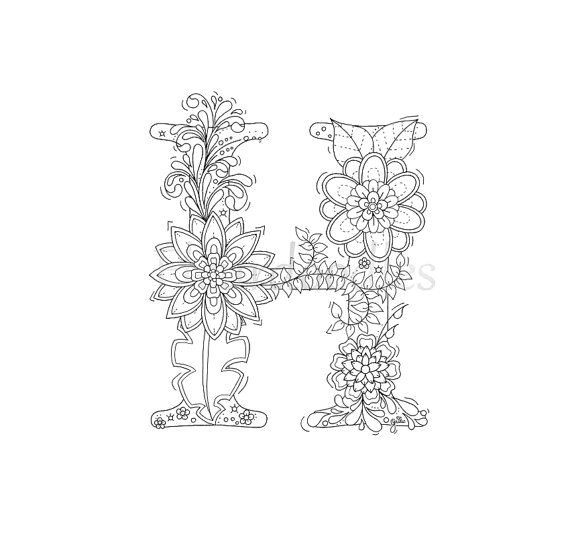 adult coloring page floral letters alphabet h hand lettering printable embroidery pinterest coloring pages adult coloring pages and lettering