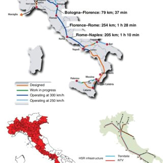 talian hsr infrastructure with travel times between main hsr stations hsr core area in red