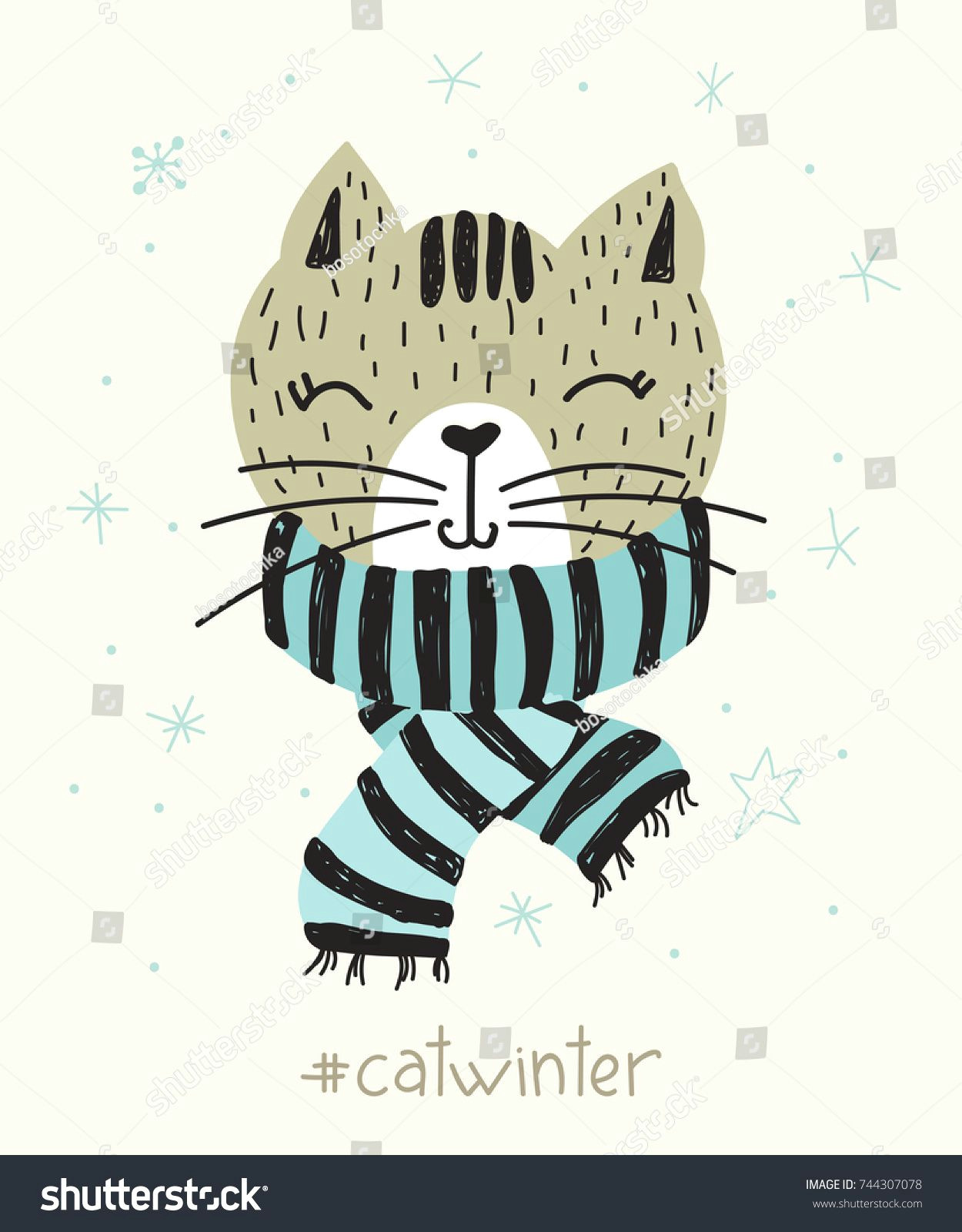 vector poster with hand drawn funny cat vector illustration for card or poster print on clothes new year s and christmas