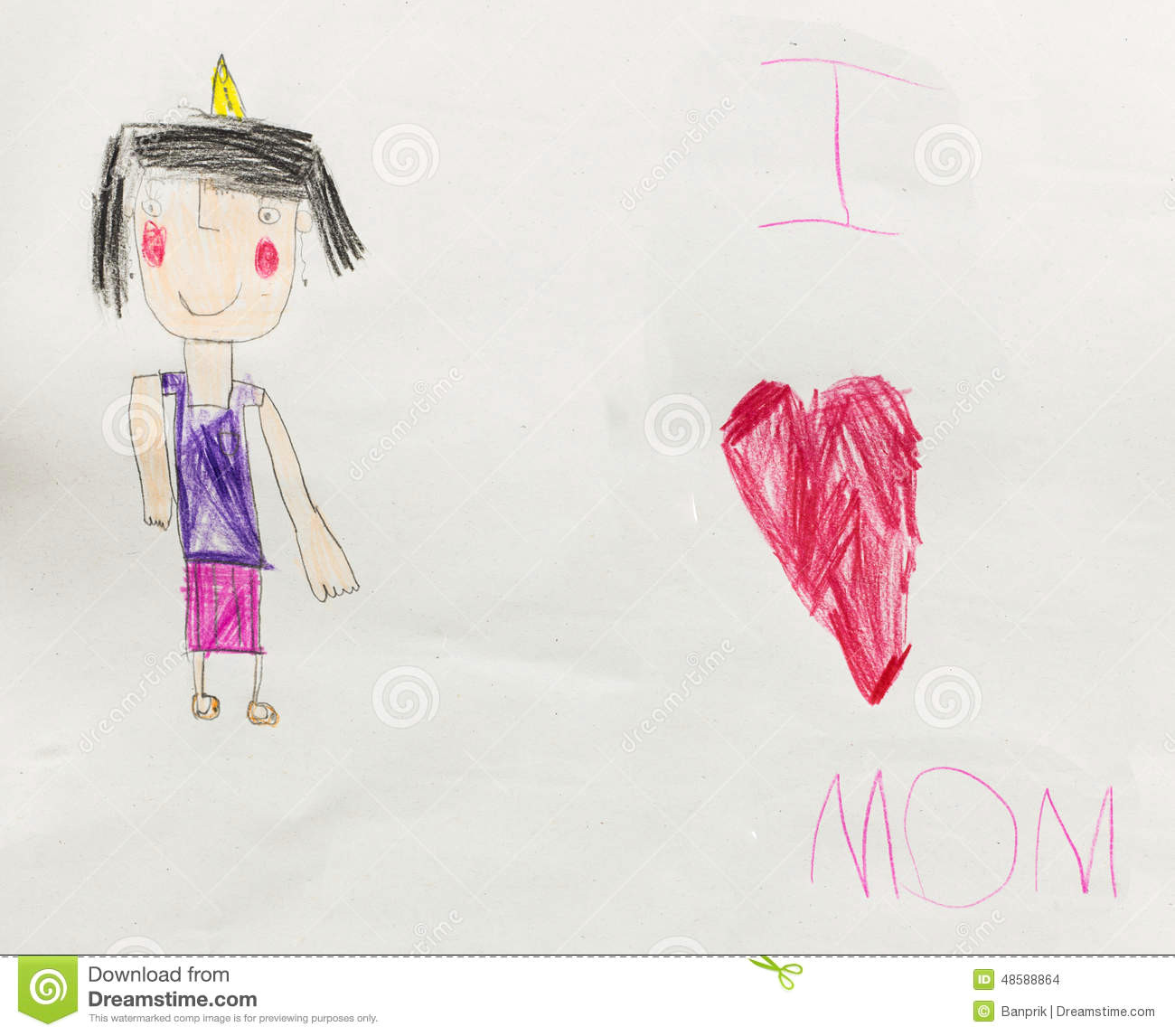 five year old child write i love mom and draw mother
