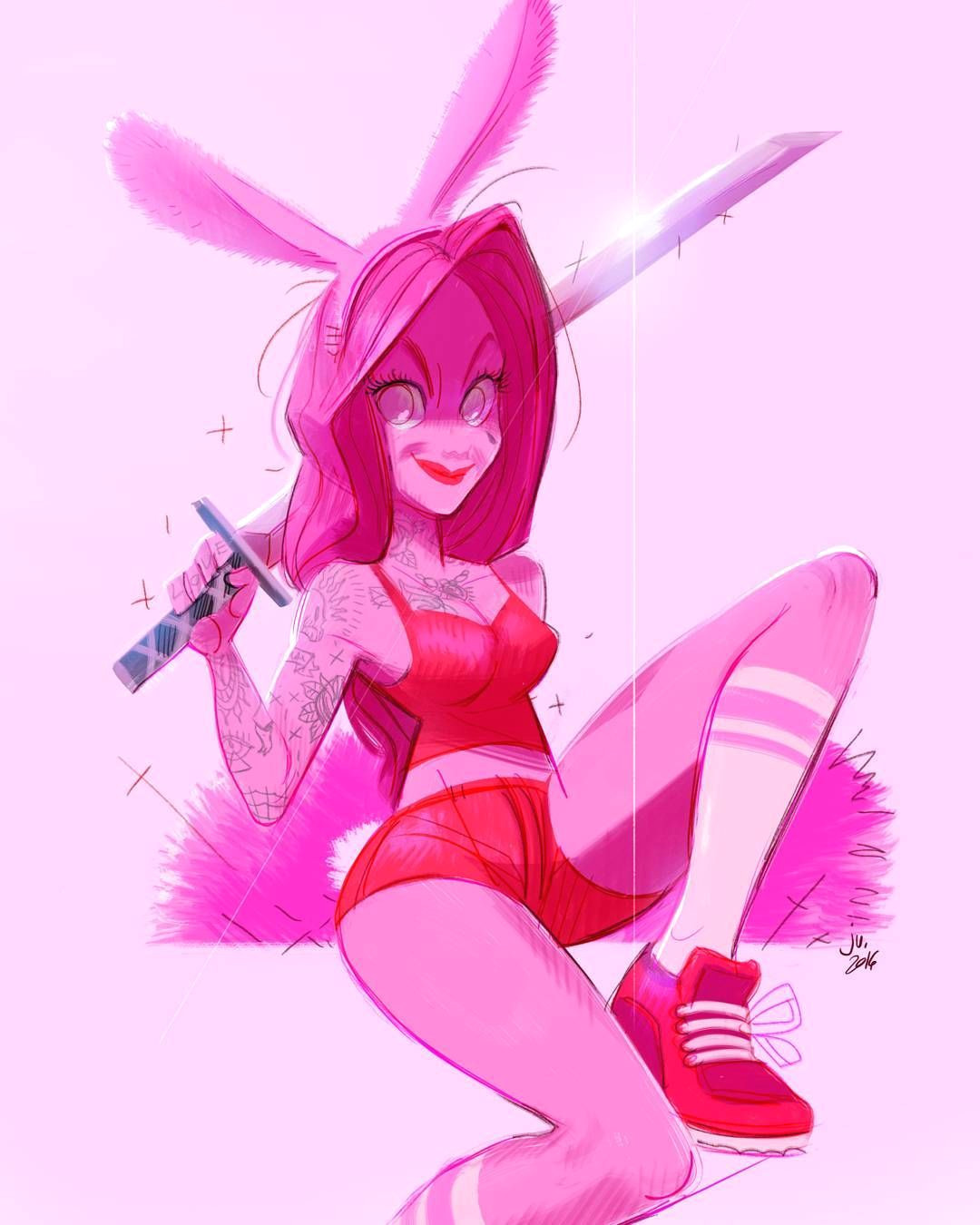 pinky girl with japanese saber because why not i m on holidays pinky girl tattoed tattooedgirls illustration drawing holidaysstuff holidays
